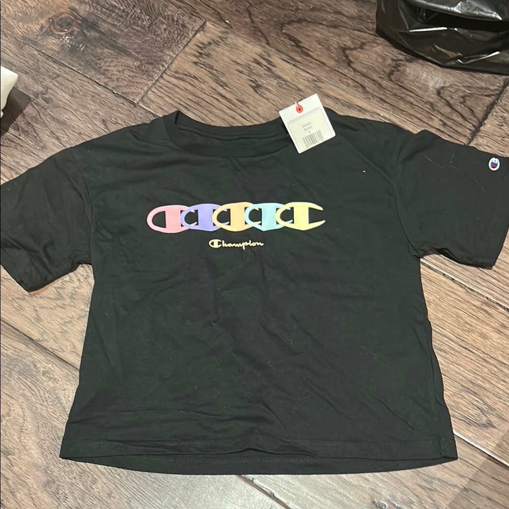 Brand New Champion Kids Black Multi-Color Logo T-Shirt sz medium